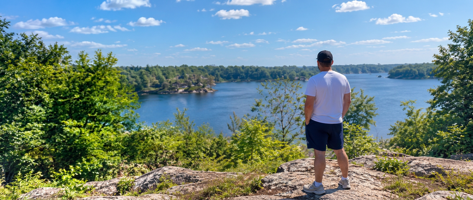 Brad Way looking out over a lake surrounded by trees and islands