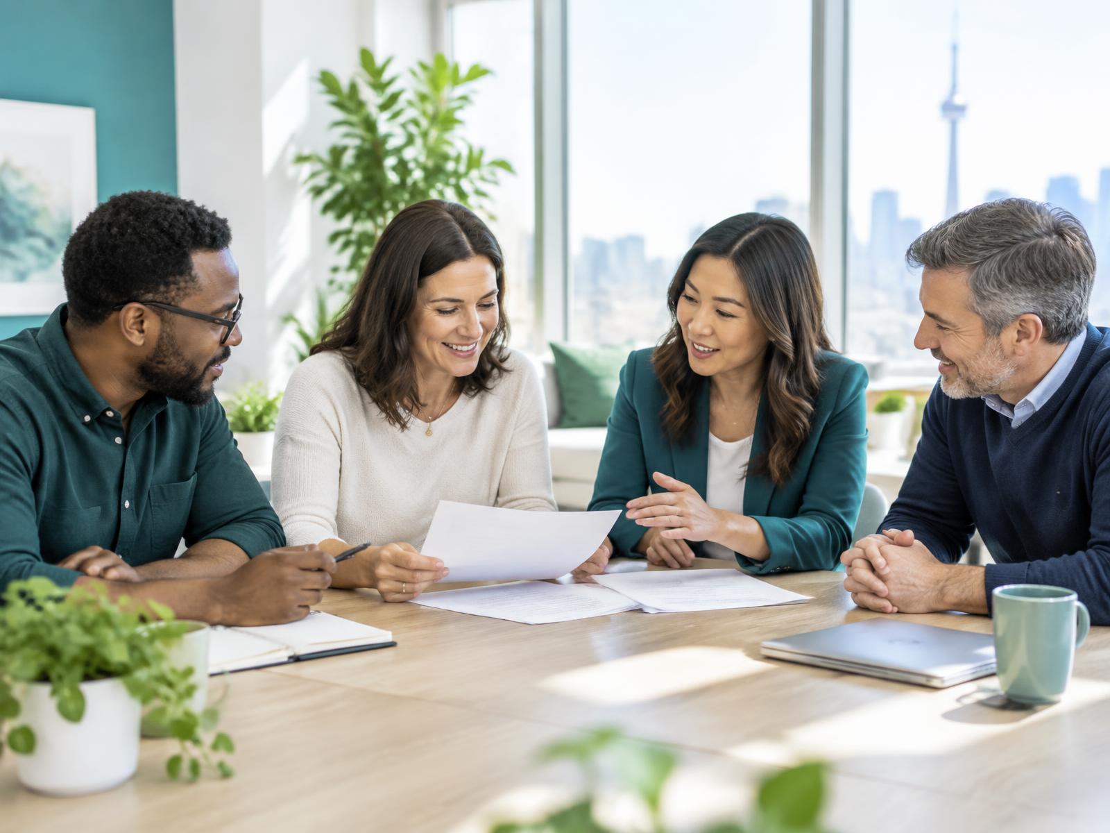 A small business team discussing their benefits together